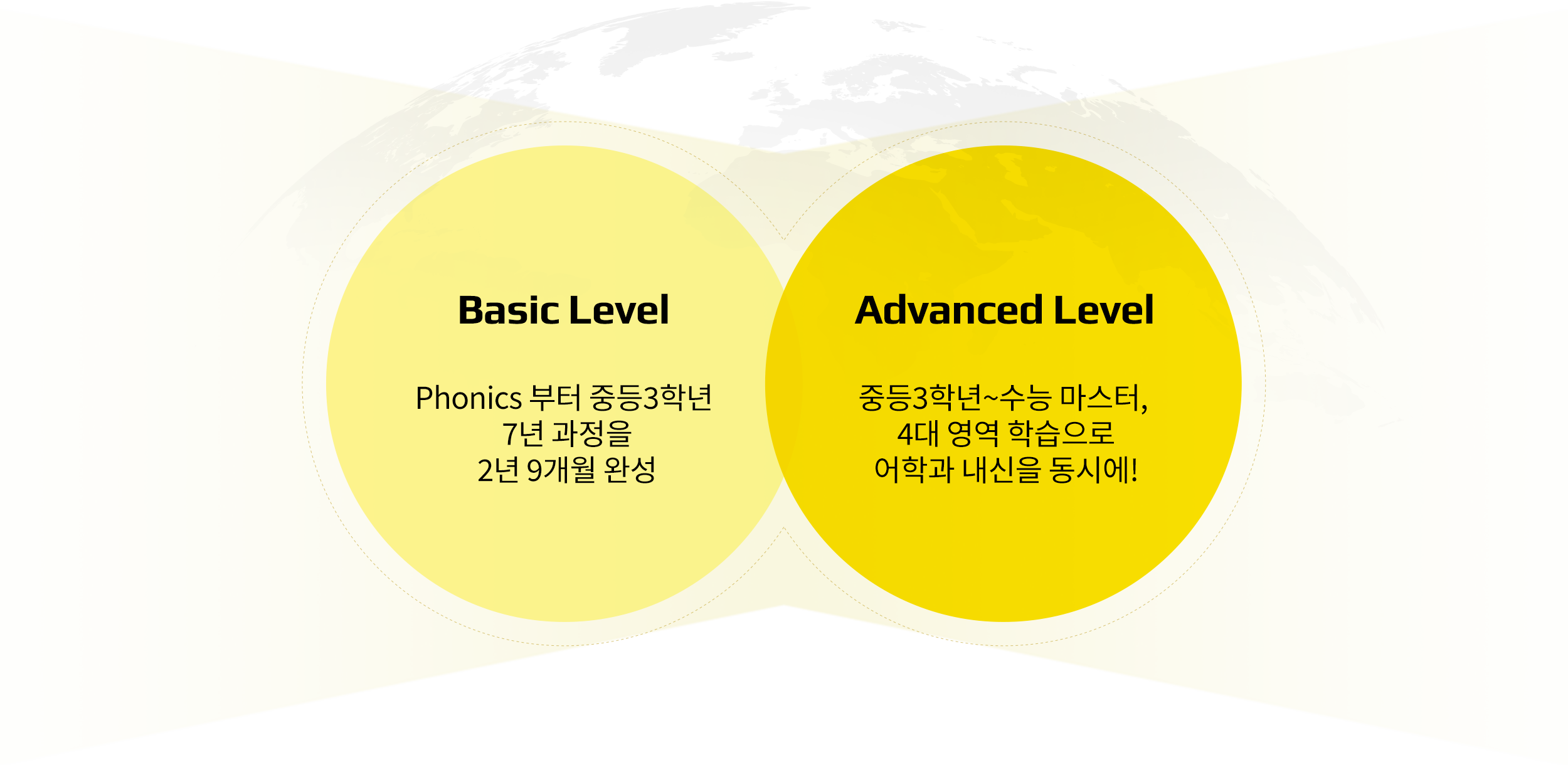 
				| BASIC LINE :: Phonics 부터 중등3학년 수준의 7년 과정을 2년 9개월만에 완성
				| Advanced LINE :: 중등3학년 수준~ 수능 마스터, 4대 영역 학습으로 어학과 내신을 동시에!
			